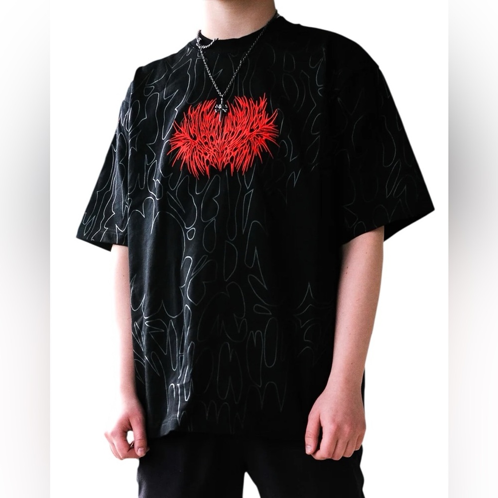 Cool Shirtz Black Graphic Tee Red Heart Streetwear Grunge Oversized Cotton Large